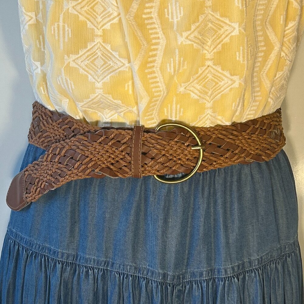 Brown braided belt round brass buckle wardrobe staple boho essential